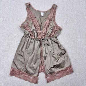 Vintage babydoll lace lingerie Bow tank top Sz Medium taupe pink pullover
